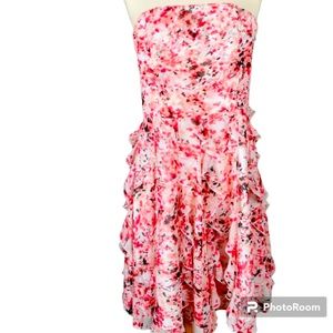 White House Black Market Pink Floral Strapless Ruffle Dress Above Knee Length